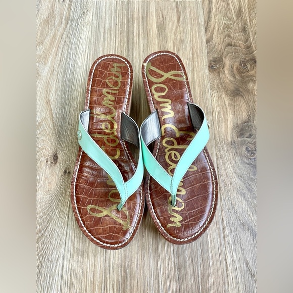 Sam Edelman Romy Cork Wedge Thong Sandals Size 8.5 M Iphone Retro Green LNC - Picture 1 of 6